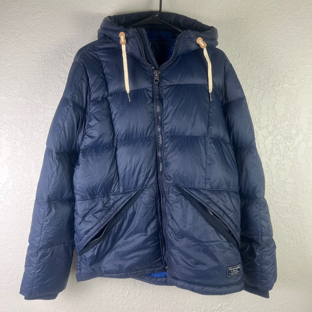 Abercrombie Fitch Women’s Duck Down Puff Jacket Sz M Hoodies 2 Way Zip Navy Blue